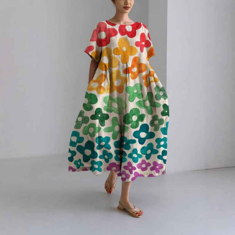 Women's Loose Round Neck Fashion Premium Short Sleeve Printed Dress - VEX CLUB HOUSE