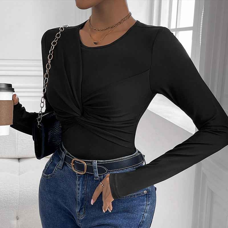 Womens Solid Color Minimalism Black Twist-Collar Bodysuit - VEX CLUB HOUSE