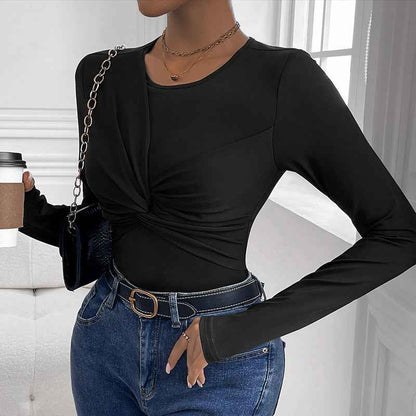 Womens Solid Color Minimalism Black Twist-Collar Bodysuit - VEX CLUB HOUSE