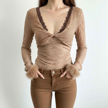Soft-style Twist V-neck Lace Base Top Sexy, Figure-hugging Sweater With Fluffy Fabric Accents For A Sassy Look - VEX CLUB HOUSE