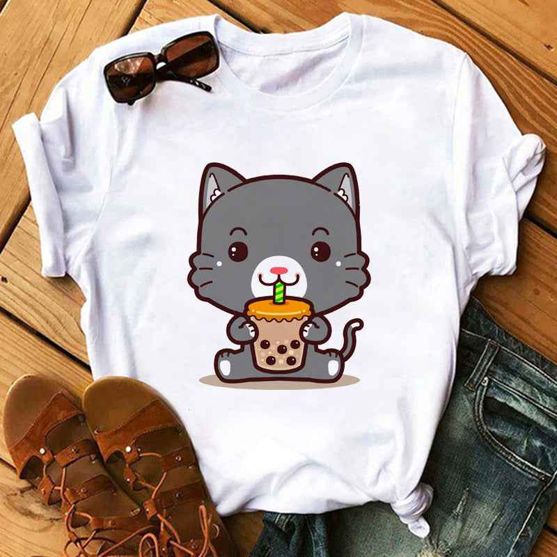 New Cute Milk Tea Print Short Sleeve Women - VEX CLUB HOUSE