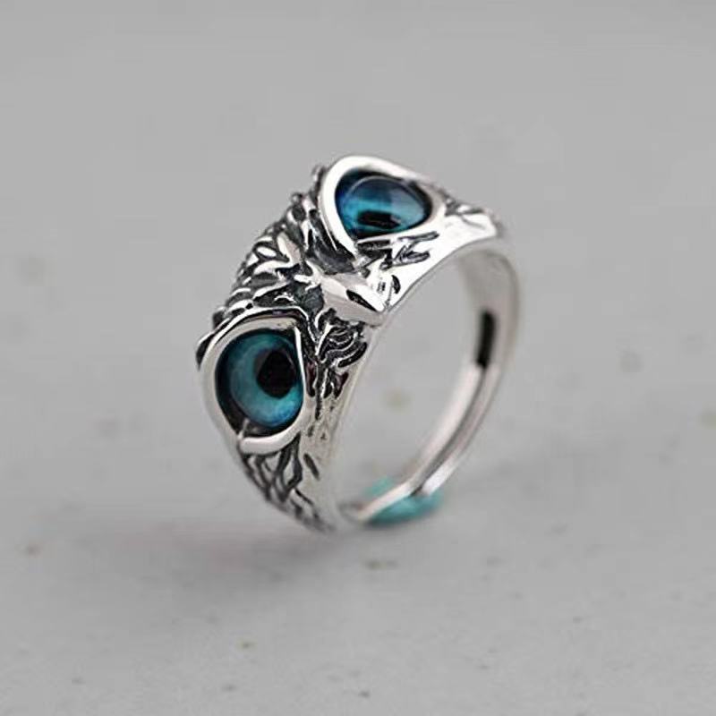 Plain Silver Retro Blue Glasses Owl Jewelry Ring Men And Women Design Owl Ring V E X C L U B H O U S E