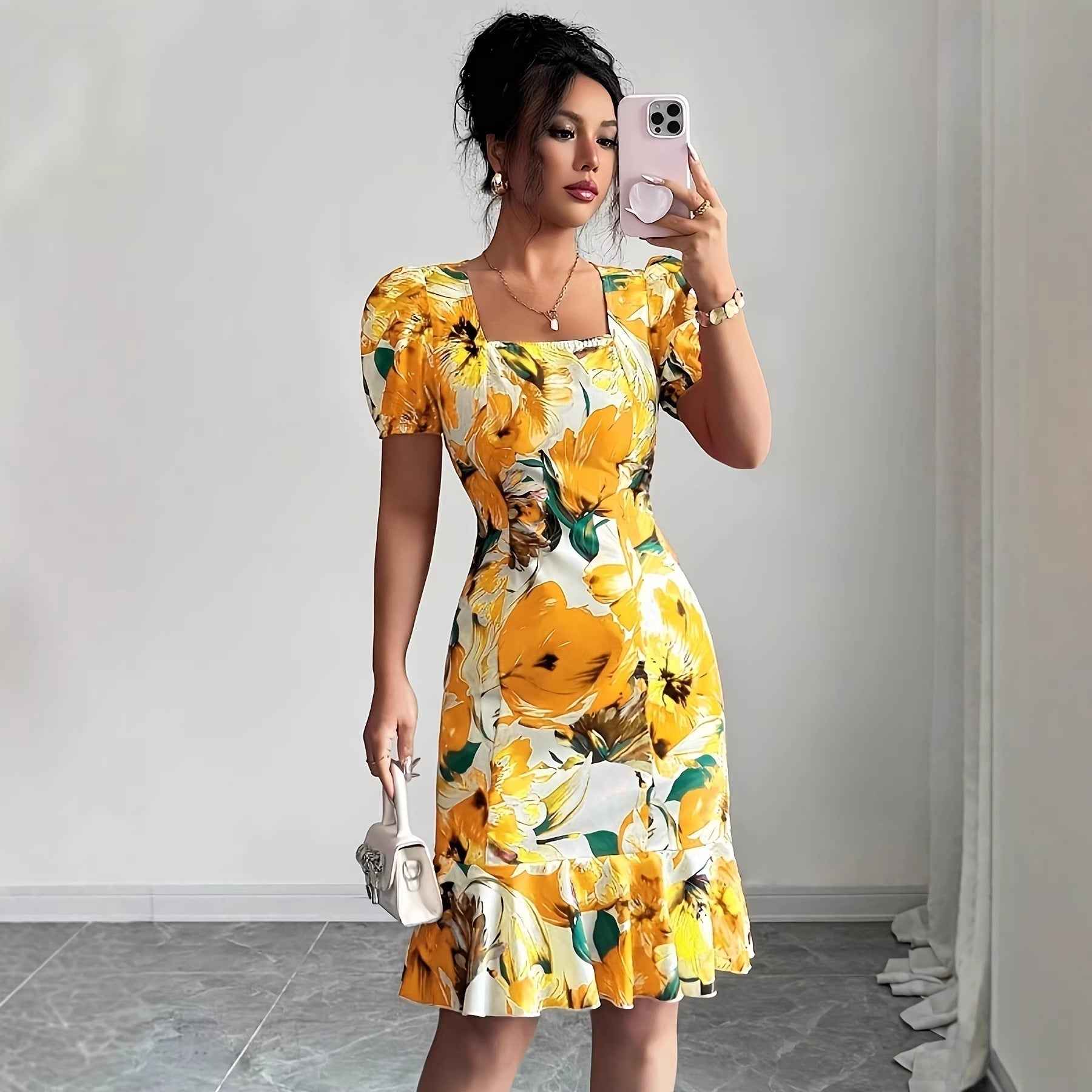 Womens Retro Square-Neck Puff-Sleeve Waist-Cinching Ruffle-Trim Dress - VEX CLUB HOUSE