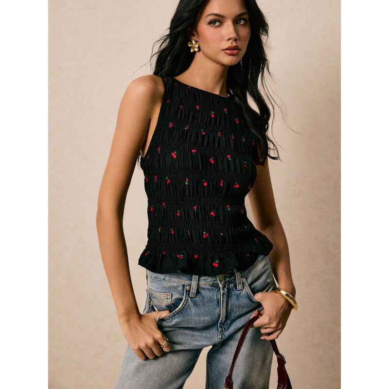 Womens Solid-Color Pleated Crew-Neck Casual Tank Top - VEX CLUB HOUSE