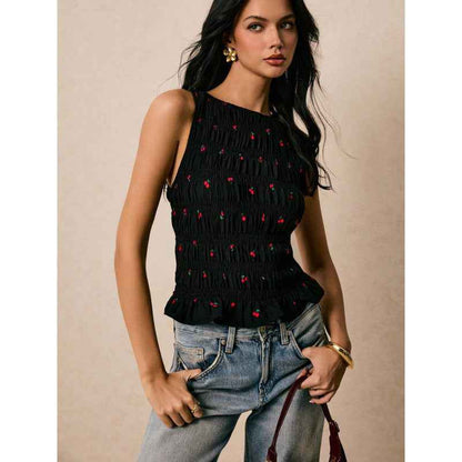 Womens Solid-Color Pleated Crew-Neck Casual Tank Top - VEX CLUB HOUSE