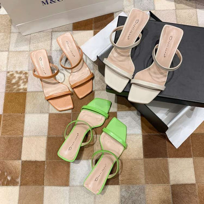 Fish Mouth One Word Sandals And Slippers Women Fashion Square Toe Mid-heel Thick Heel Open Toe Women's Shoes - VEX CLUB HOUSE