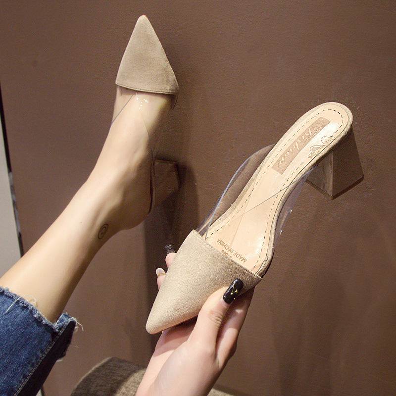 High Heels Summer Transparent Korean Fashion Sll-match Pointed Thick With Half-drag Outer Slippers - VEX CLUB HOUSE