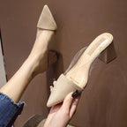 High Heels Summer Transparent Korean Fashion Sll-match Pointed Thick With Half-drag Outer Slippers - VEX CLUB HOUSE