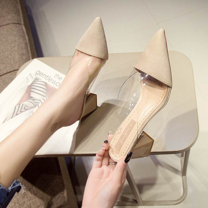 High Heels Summer Transparent Korean Fashion Sll-match Pointed Thick With Half-drag Outer Slippers - VEX CLUB HOUSE