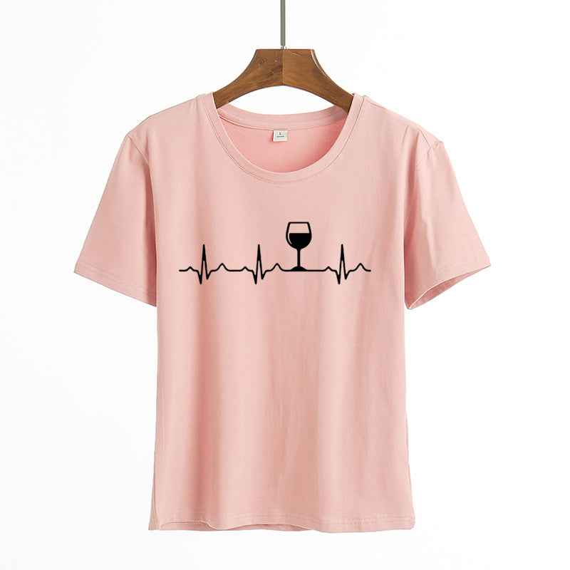 Women's Printed Round Neck Short Sleeve T-shirt Blouse - VEX CLUB HOUSE