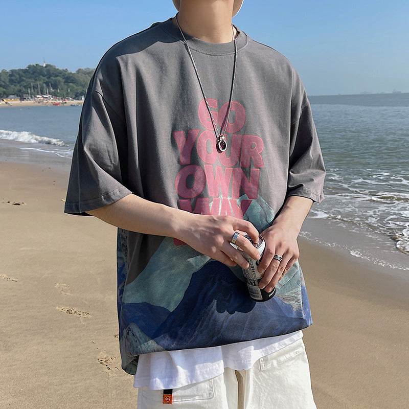 Summer Ins Super Fire Snow Mountain Print Short-Sleeved T-Shirt Male Tide Brand Street Hip-Hop Half-Sleeved Tee - VEX CLUB HOUSE