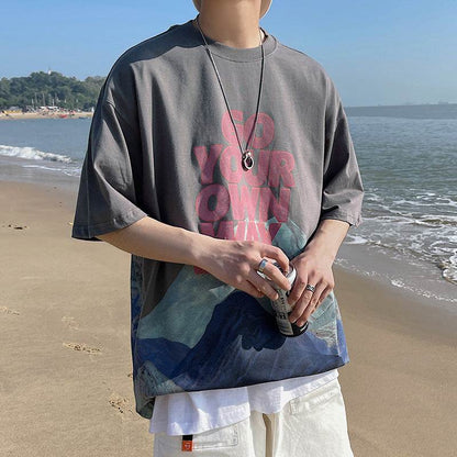 Summer Ins Super Fire Snow Mountain Print Short-Sleeved T-Shirt Male Tide Brand Street Hip-Hop Half-Sleeved Tee - VEX CLUB HOUSE