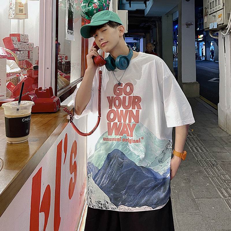 Summer Ins Super Fire Snow Mountain Print Short-Sleeved T-Shirt Male Tide Brand Street Hip-Hop Half-Sleeved Tee - VEX CLUB HOUSE