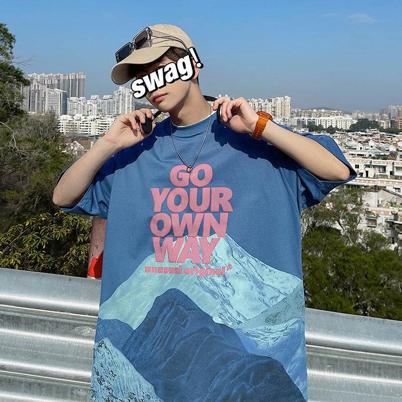 Summer Ins Super Fire Snow Mountain Print Short-Sleeved T-Shirt Male Tide Brand Street Hip-Hop Half-Sleeved Tee - VEX CLUB HOUSE
