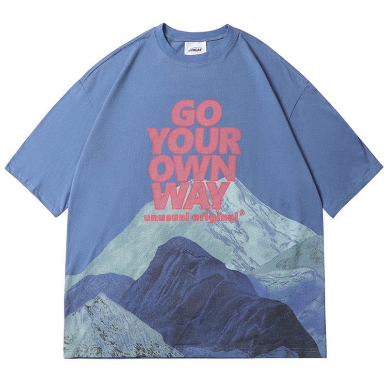 Summer Ins Super Fire Snow Mountain Print Short-Sleeved T-Shirt Male Tide Brand Street Hip-Hop Half-Sleeved Tee - VEX CLUB HOUSE