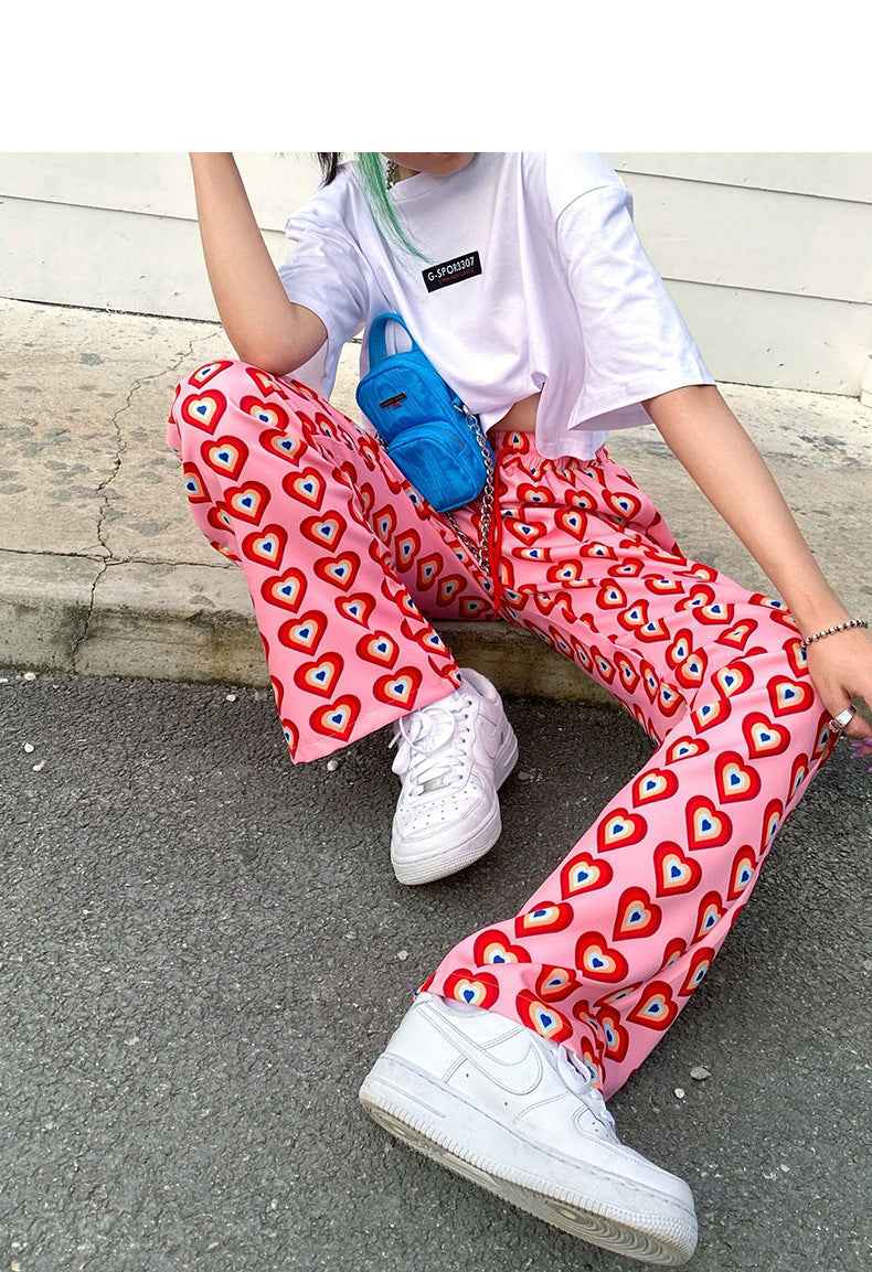 Heart Shaped Print High Rise Wide Leg Trousers - VEX CLUB HOUSE