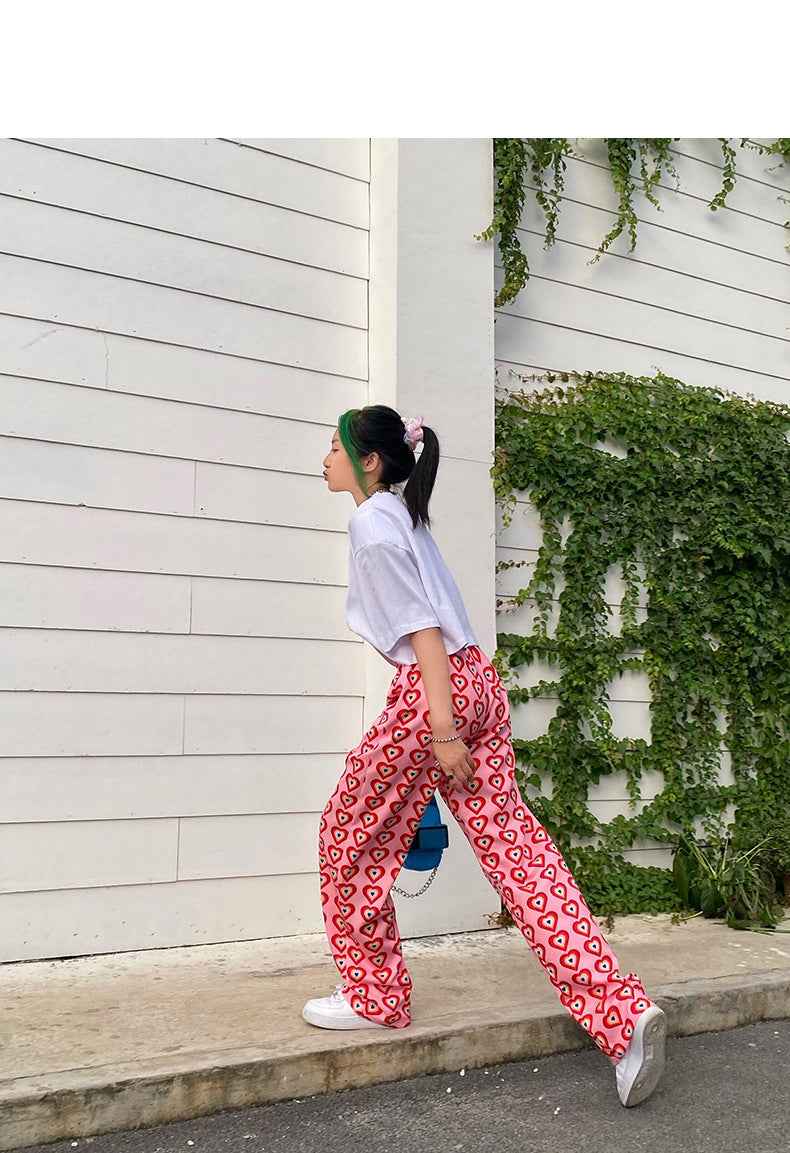 Heart Shaped Print High Rise Wide Leg Trousers - VEX CLUB HOUSE