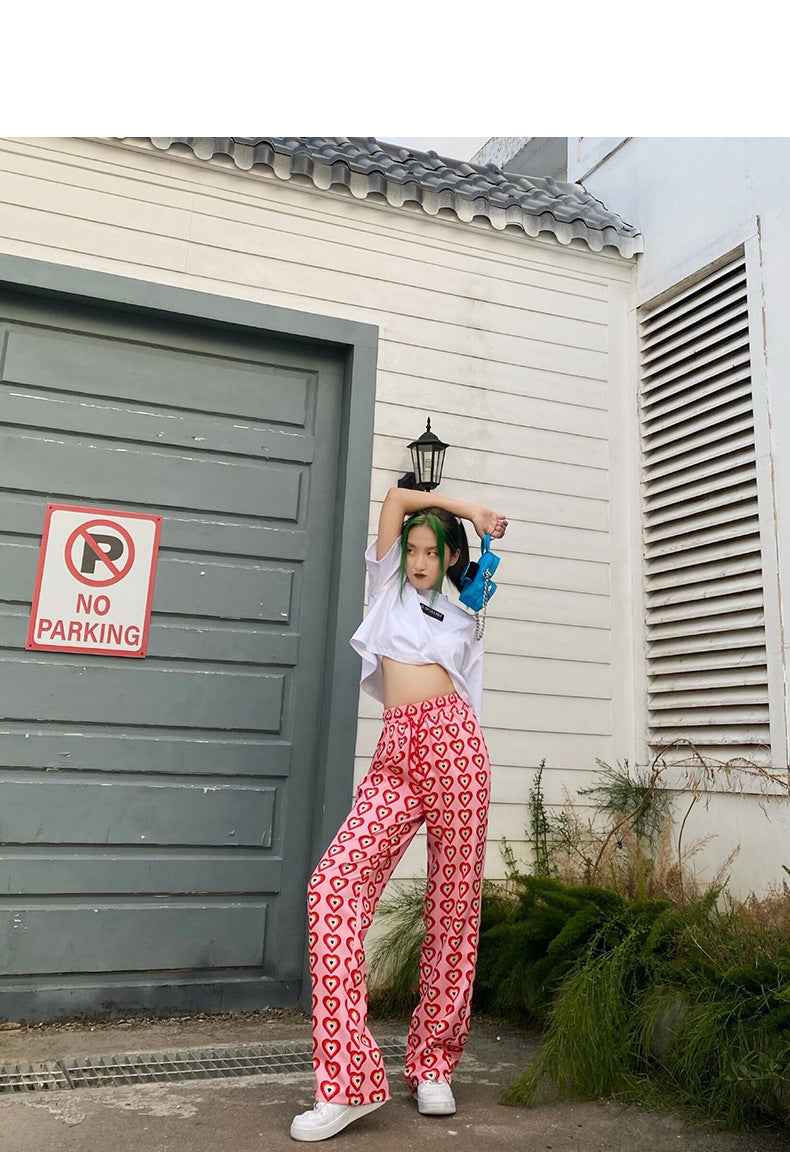 Heart Shaped Print High Rise Wide Leg Trousers - VEX CLUB HOUSE