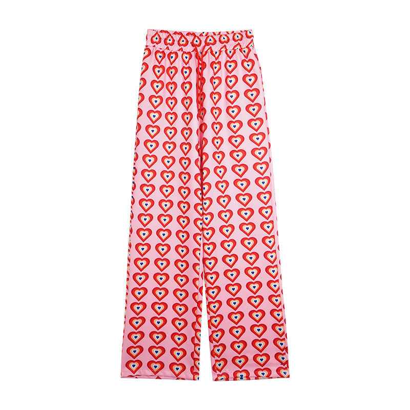 Heart Shaped Print High Rise Wide Leg Trousers - VEX CLUB HOUSE