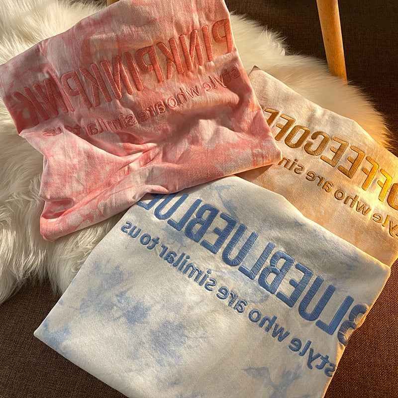 Tie-Dye Letter Embroidered Short-Sleeved t-Shirt - VEX CLUB HOUSE