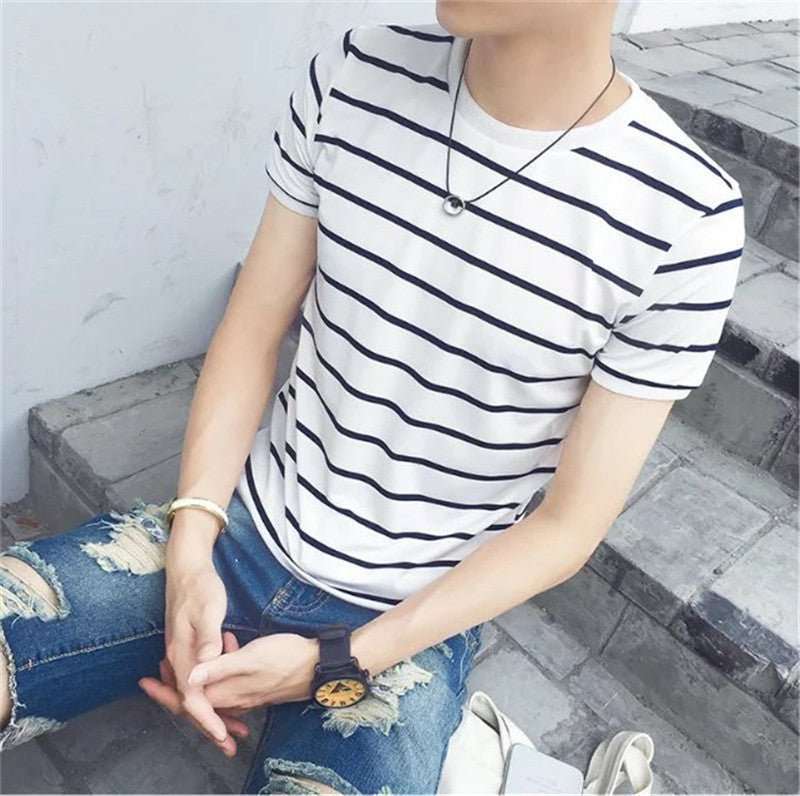 Men's Striped T-shirt Youth Casual Top Slim Fit - VEX CLUB HOUSE
