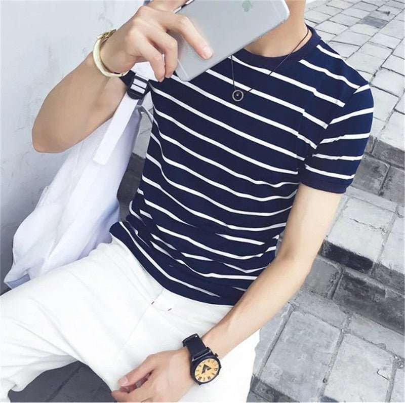Men's Striped T-shirt Youth Casual Top Slim Fit - VEX CLUB HOUSE