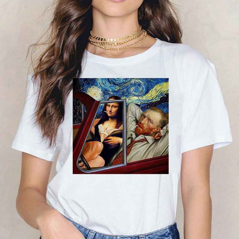 Van Gogh Oil Painting Mona Lisa Spoof Printed T-shirt Women Short Sleeve - VEX CLUB HOUSE