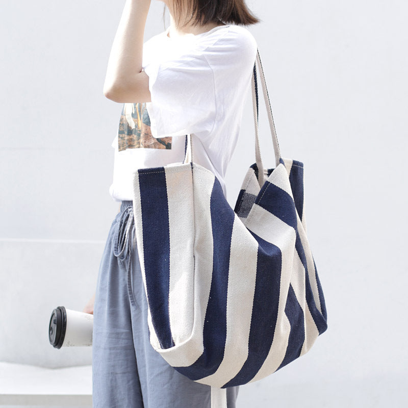 Striped Canvas Bags High Capacity Shoulder Bags For Women Fashion Shopper Handbags Casual Shopping Totes - VEX CLUB HOUSE