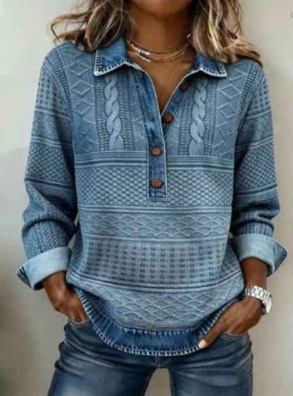 Womens Retro Printed Stand Collar Long-Sleeve Top - VEX CLUB HOUSE