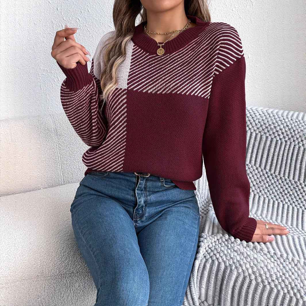 Casual Color-Block Plaid Long-Sleeve Pullover Sweater - VEX CLUB HOUSE