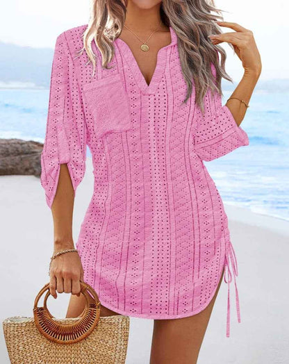 Womens Solid-Color Hollowed-Out Side-Pleated Tie-Detail Dress - VEX CLUB HOUSE