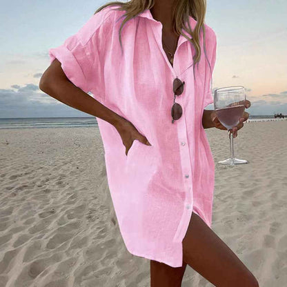 Women's Casual Loose-Fit Fashionable Cotton-Linen Solid-Color Short-Sleeve Top - VEX CLUB HOUSE