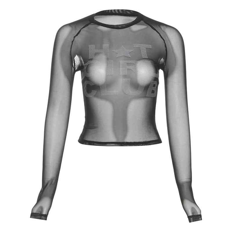 New Womens Fashion Short Top With A Round Neck Floral Print And Sheer Mesh Design - VEX CLUB HOUSE