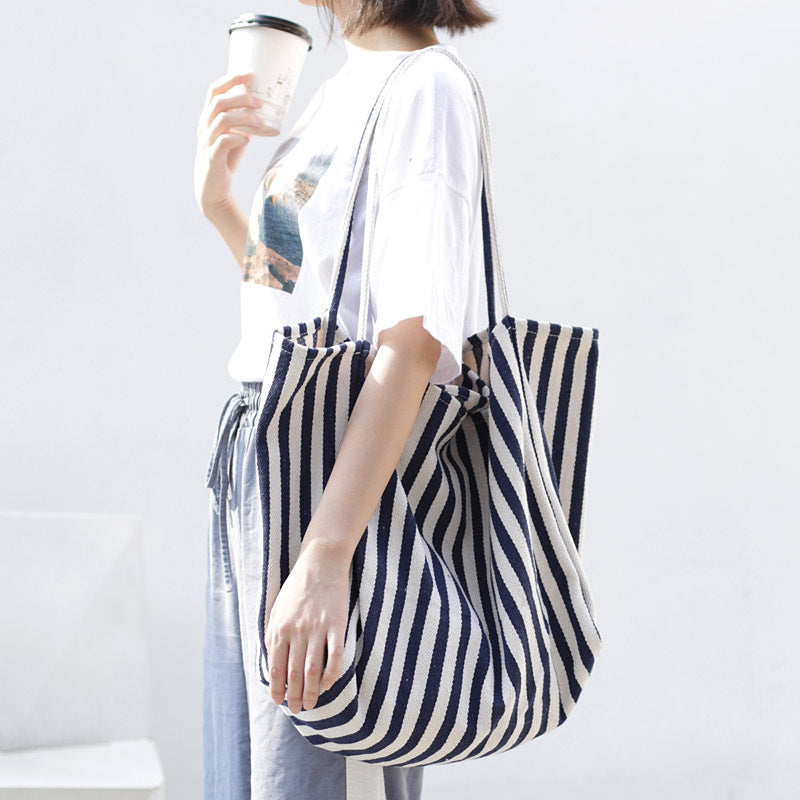 Striped Canvas Bags High Capacity Shoulder Bags For Women Fashion Shopper Handbags Casual Shopping Totes - VEX CLUB HOUSE