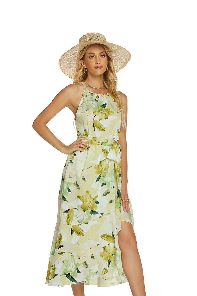 Fashionable Printed Halterneck Sleeveless Lace-Up Dress - VEX CLUB HOUSE