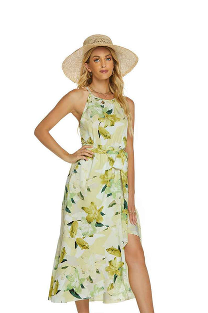 Fashionable Printed Halterneck Sleeveless Lace-Up Dress - VEX CLUB HOUSE