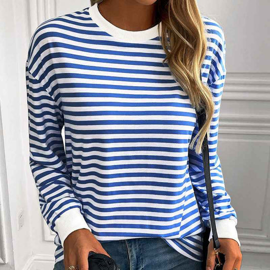Navy Striped Crew-neck Long-sleeve Loose-fitting Top - VEX CLUB HOUSE