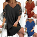 Lace Three-quarter-sleeve Straight-line Elegant Waist-cinched V-neck Dress - VEX CLUB HOUSE