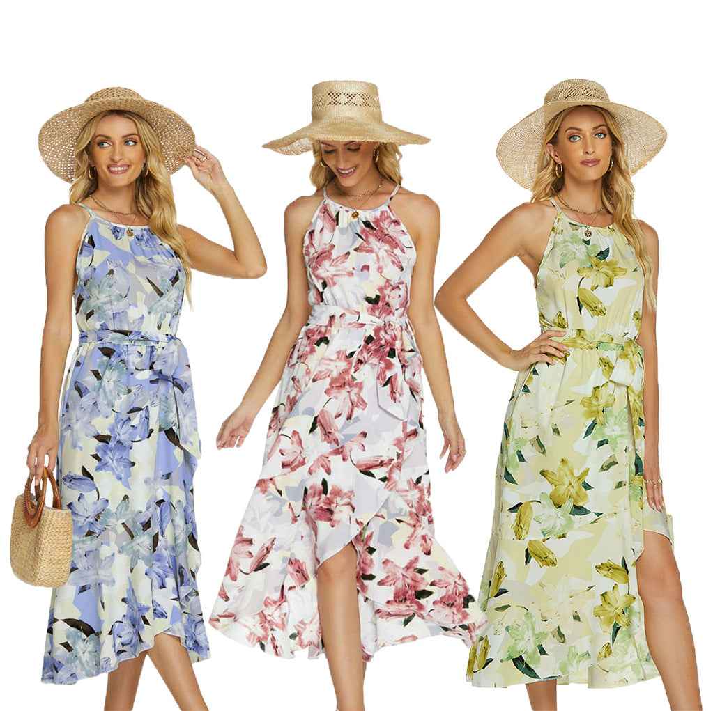 Fashionable Printed Halterneck Sleeveless Lace-Up Dress - VEX CLUB HOUSE