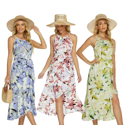 Fashionable Printed Halterneck Sleeveless Lace-Up Dress - VEX CLUB HOUSE