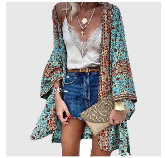 Casual Fashion Vacation Batwing Long Sleeve Cardigan Printed Top - VEX CLUB HOUSE