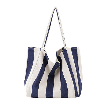 Striped Canvas Bags High Capacity Shoulder Bags For Women Fashion Shopper Handbags Casual Shopping Totes - VEX CLUB HOUSE