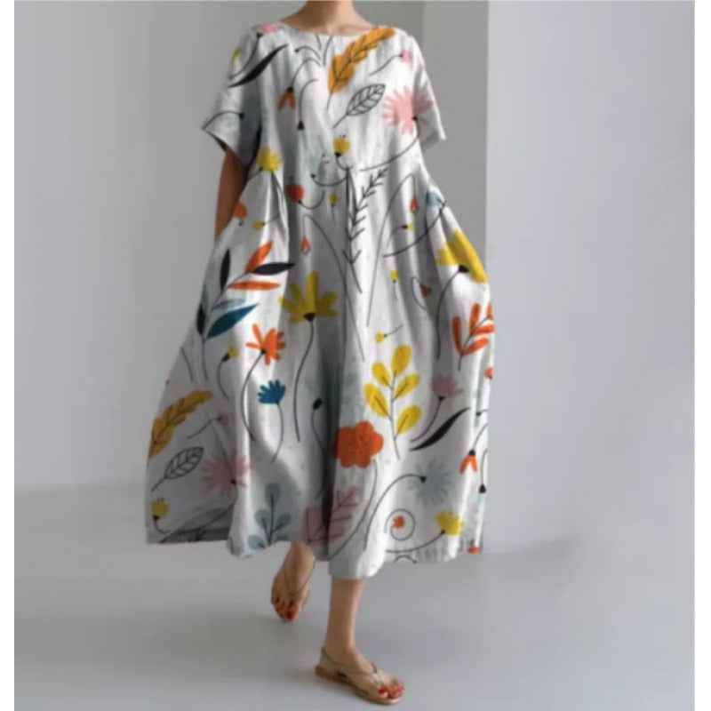Women's Loose Round Neck Fashion Premium Short Sleeve Printed Dress - VEX CLUB HOUSE