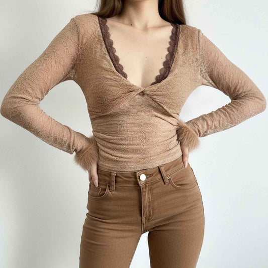 Soft-style Twist V-neck Lace Base Top Sexy, Figure-hugging Sweater With Fluffy Fabric Accents For A Sassy Look - VEX CLUB HOUSE