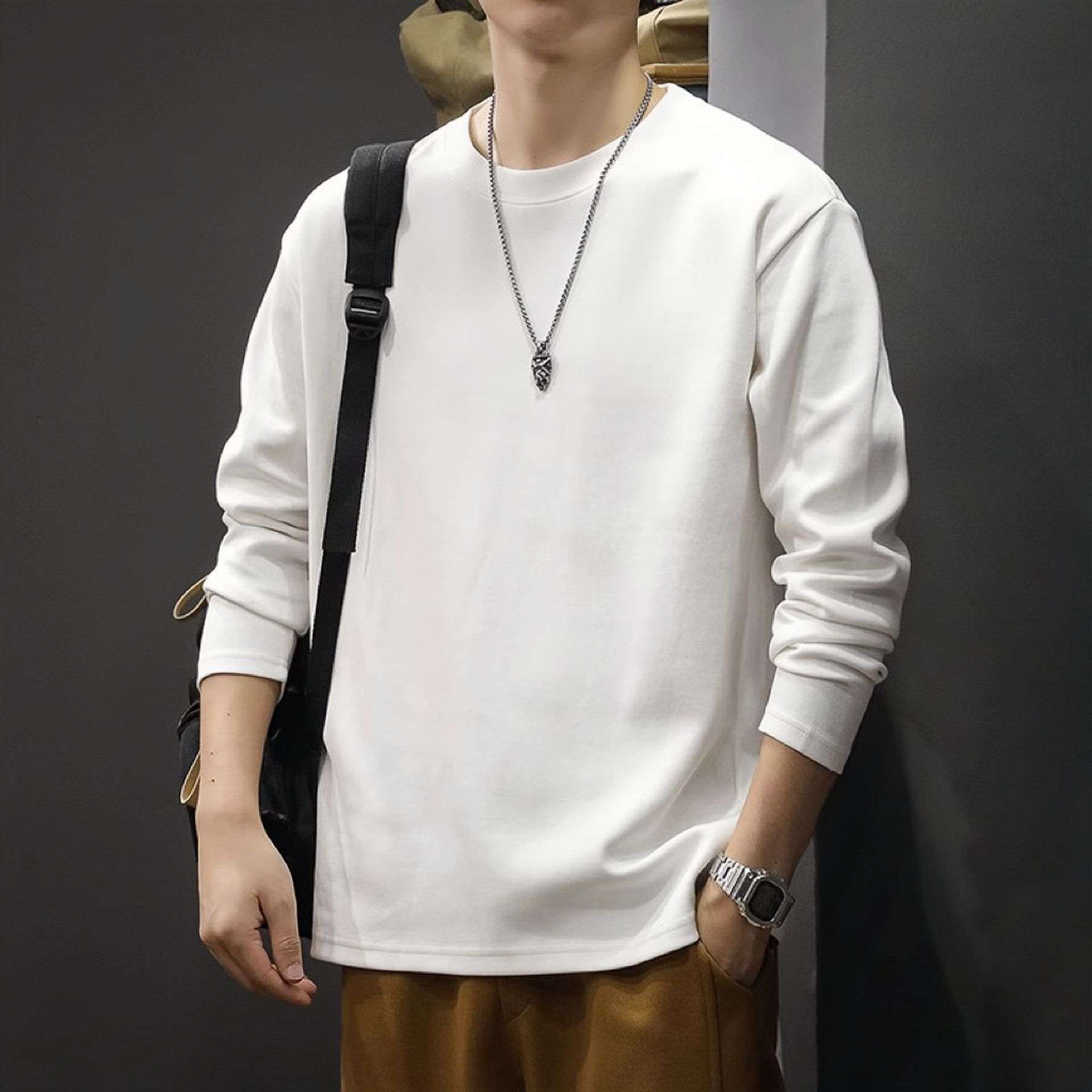 Men's Round Neck Thickened Inner Bottoming Shirt Solid Color Loose-fitting Versatile Top - VEX CLUB HOUSE