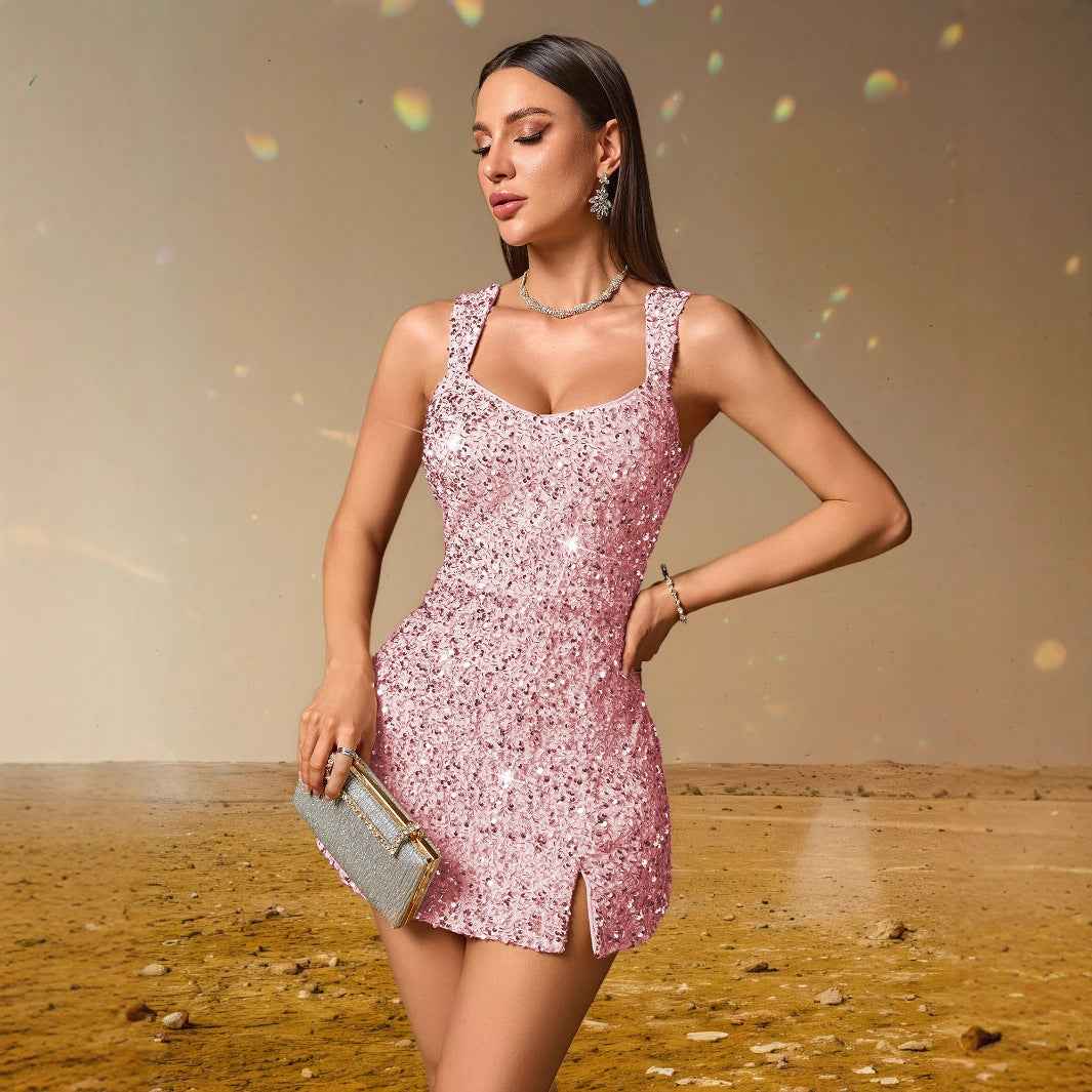 Womens Velvet Sequin Dress In Apricot And Silver - VEX CLUB HOUSE