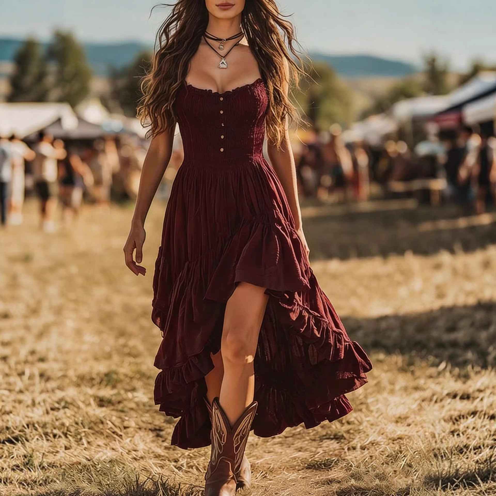 Bohemian-style Dress With An Asymmetrical Ruffled Hem - VEX CLUB HOUSE