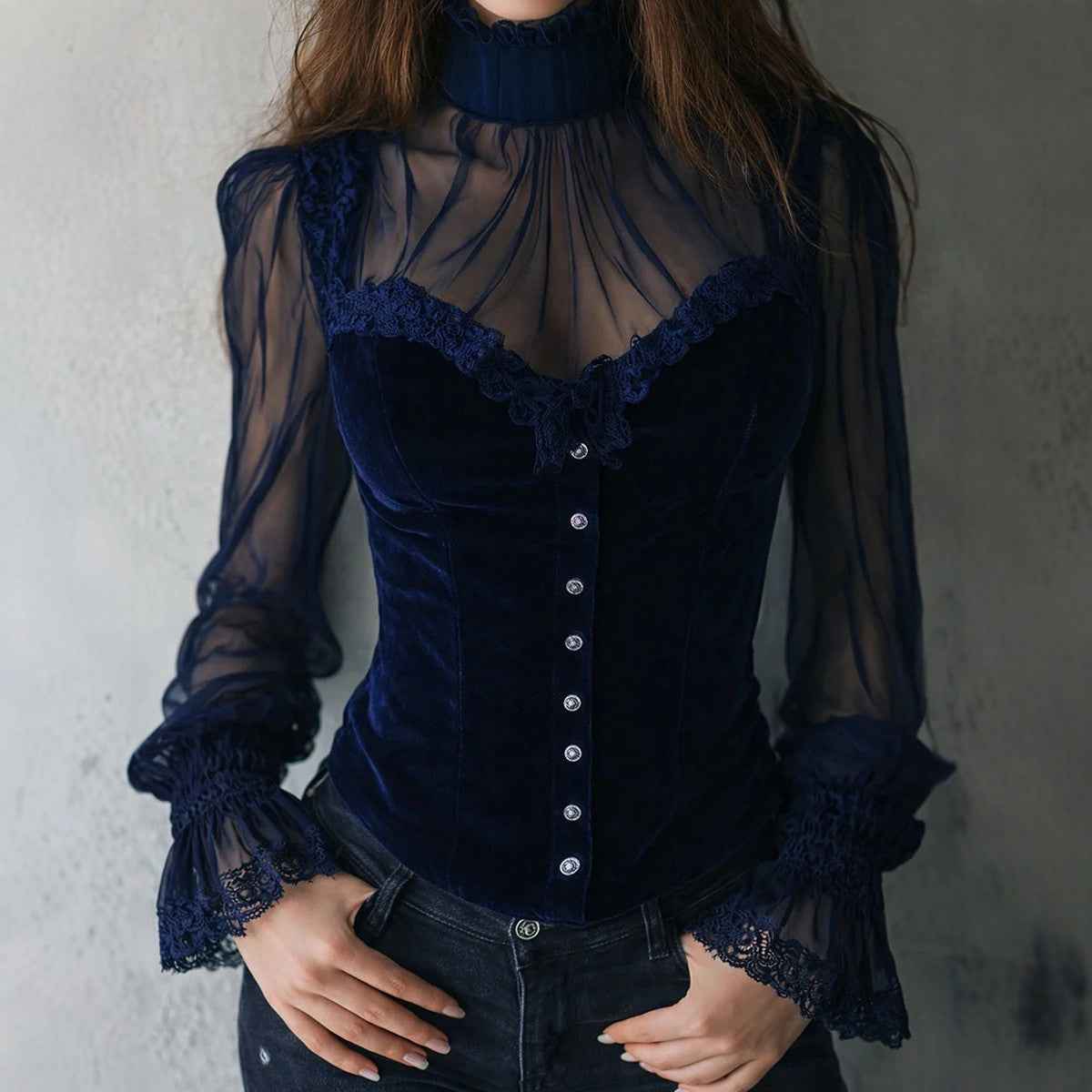 Mesh-panel Black Lace Top With Hollow-out Floral Trim - VEX CLUB HOUSE