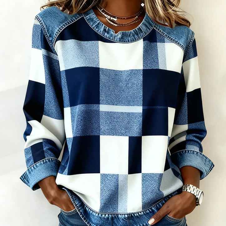 Plaid-Panel Denim Crew-Neck Loose Womens Sweatshirt - VEX CLUB HOUSE