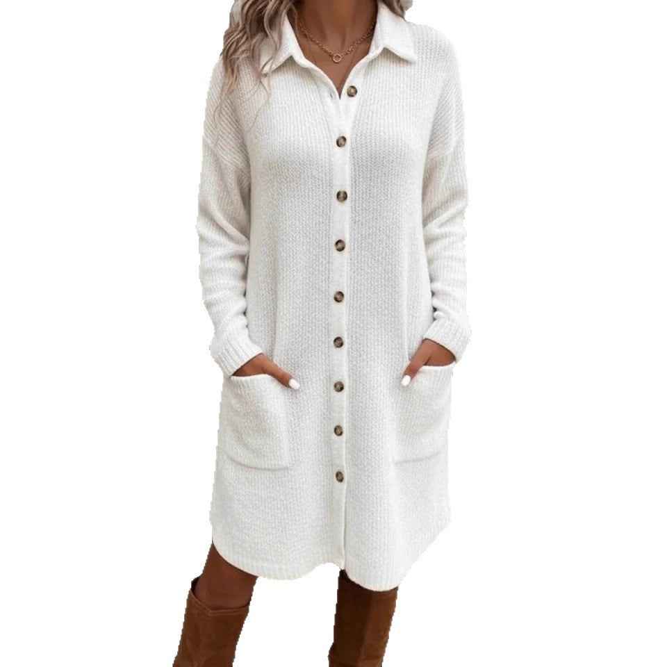 Knitted Button Down Solid Color Long Sleeve Pocket Cardigan Sweater Dress - VEX CLUB HOUSE